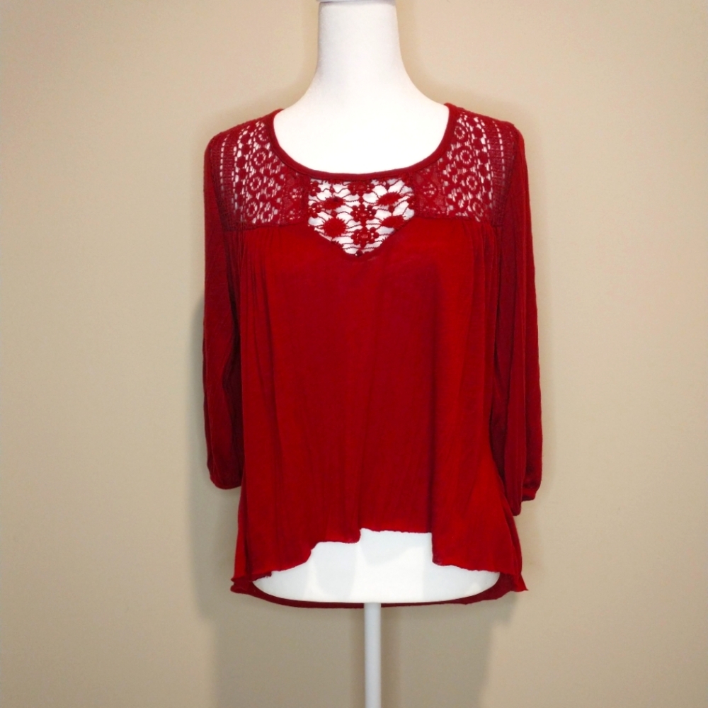 JW Style Red Lace Detail Peasant Top